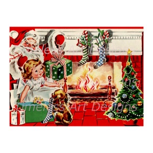 Digital Download Image, Santa Claus, Cute Little Girl, Puppy, Christmas Tree, Fire Place, Vintage Christmas Card. Santa Printable!