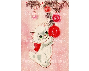 Digital Download Image,  Cat Printable, Cute White Kitty Cat, Kitten In Red Bow Plays With Xmas Ornaments On Tree, Vintage Christmas Card.