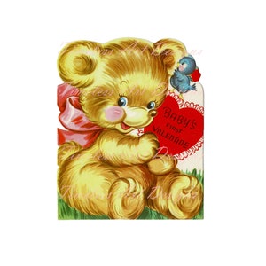 Imagen de descarga digital: lindo osito de peluche kawaii con pájaro azul. ¡Imagen de la primera tarjeta de San Valentín para bebé imprimible para bebé!