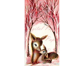 Imagen de descarga digital, Darling Doe y su cervatillo acurrucándose juntos, imagen de tarjeta navideña vintage, papel digital, reno imprimible.