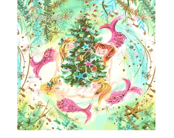 ¡Descarga digital de imagen de papel para envolver regalos kitsch de vacaciones vintage para imprimir en papel de sirena navideña retro!