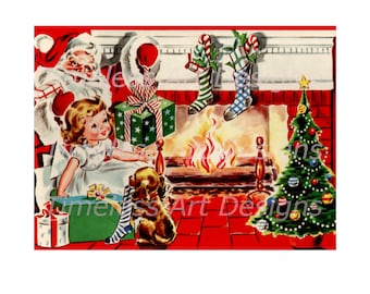 Imagen de tarjeta navideña vintage de Papá Noel, niña pequeña, cachorro (descarga digital)