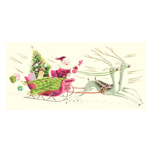 Imagem de download digital Jolly Old Papai Noel em seu trenó de renas, cartão de Natal vintage. Papai Noel para impressão!