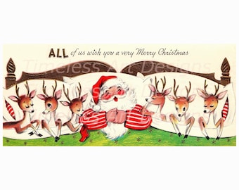 Digital Download Retro Santa Reindeer Printable Clipart 1950s Vintage Christmas Card Graphic!