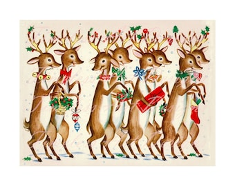 ¡Descarga digital Reno imprimible PNG JPG Clipart Vintage 1950s Mediados de siglo Navidad Rudolph Tarjeta Retro MCM Kitschy Imagen navideña!