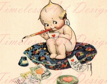 Digital Download Image, Darling Little Kewpie Making Valentines, Vintage Valentine Card. Rose O Neill Art, Kewpie Printable!