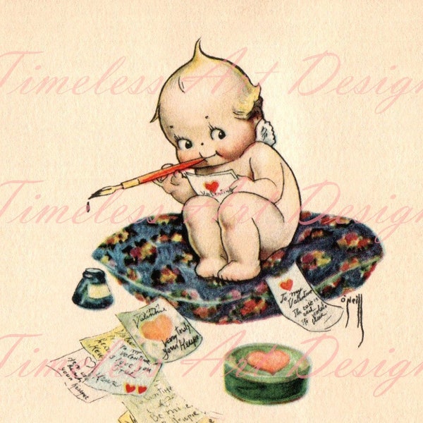 Digital Download Image, Darling Little Kewpie Making Valentines, Vintage Valentine Card. Rose O Neill Art, Kewpie Printable!