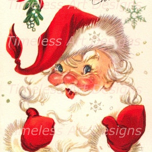Imagen de descarga digital, alegre Papá Noel bajo el muérdago, tarjeta navideña vintage, ¡Papá Noel retro imprimible!