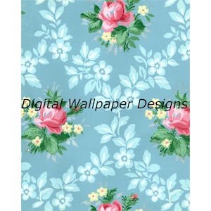 Vintage Tapete druckbare, digitaler Download, rosa Rosen, gelbe Blumen auf blau, Junk Journals, digitales Papier, Papierhandwerk!