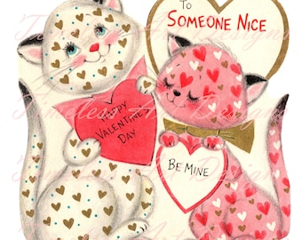 Digital Download Image, Darling Pink Valentine Kitten Cat Sweethearts. Vintage Valentine Card, Clipart, Cat Graphics. Cat Printable!