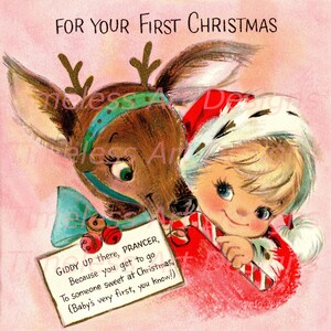 Imagen de descarga digital: ¡Adorable bebé abrazando a un reno! ¡Primera Navidad! Tarjeta navideña vintage. Bebé navideño imprimible.