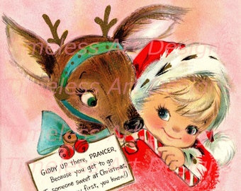 Digital Download Image, Adorable Baby Hugging A Reindeer! First Christmas! Vintage Christmas Card! Christmas Baby Printable.