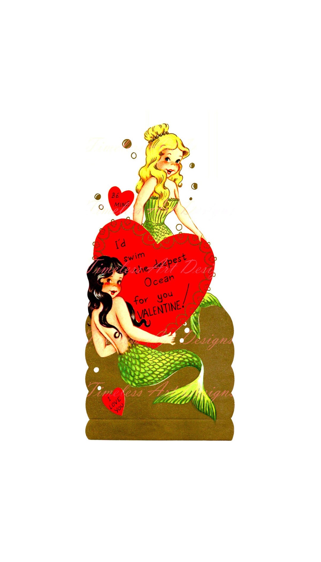 Digital Download Clipart Mermaid Girls Big Heart Vintage Valentine Card ...