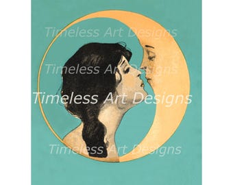 Instant Digital Download Wall Art Graphic Art  Wall Decor Beautiful Woman Kissing The Moon Digital Paper Printable!