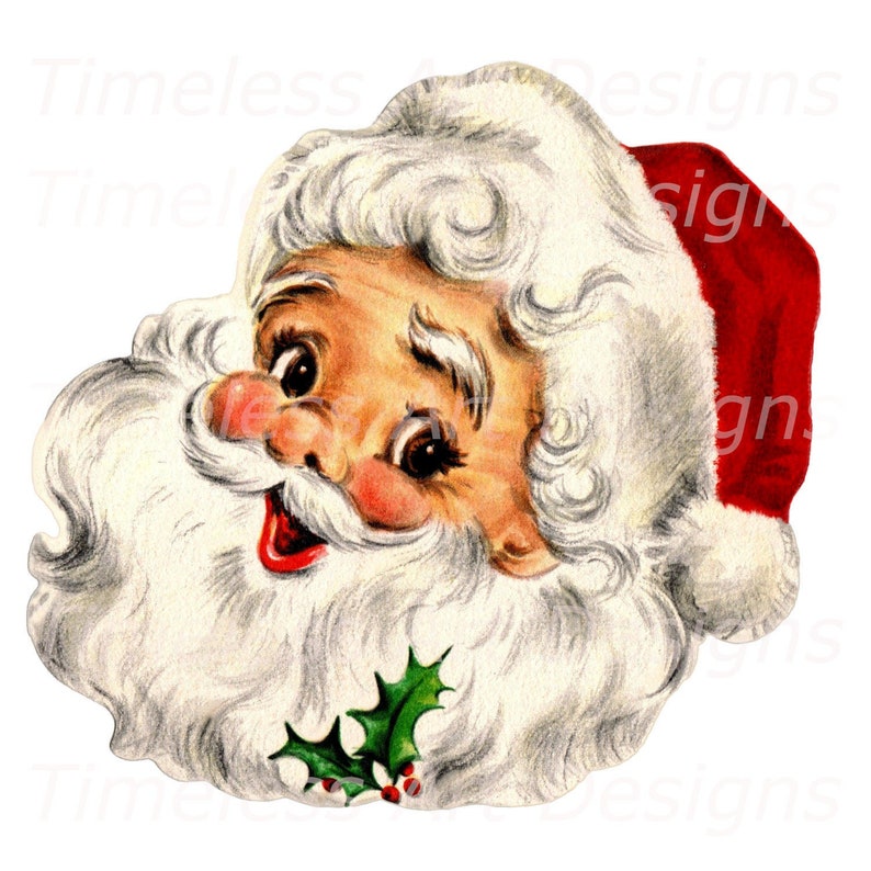 May include: A vintage illustration of Santa Claus's face with a white beard and a red hat. He is smiling and holding a sprig of holly with red berries.