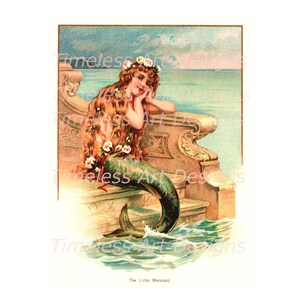 Instant digitale download, de kleine zeemeermin vintage kunstillustratie, afdrukbare zeemeermin.