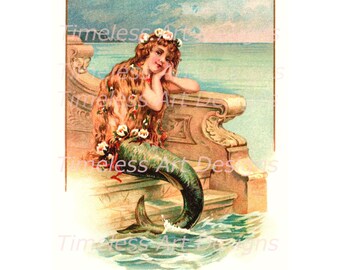Instant Digital Download, The Little Mermaid Vintage Art Illustration, Printable Mermaid.