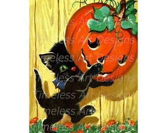 Digitaler Download Bild, süße schwarze Kitty Katze mit großem Jack O Lantern, Kürbis, Vintage Halloween Illustration. Halloween druckbare.