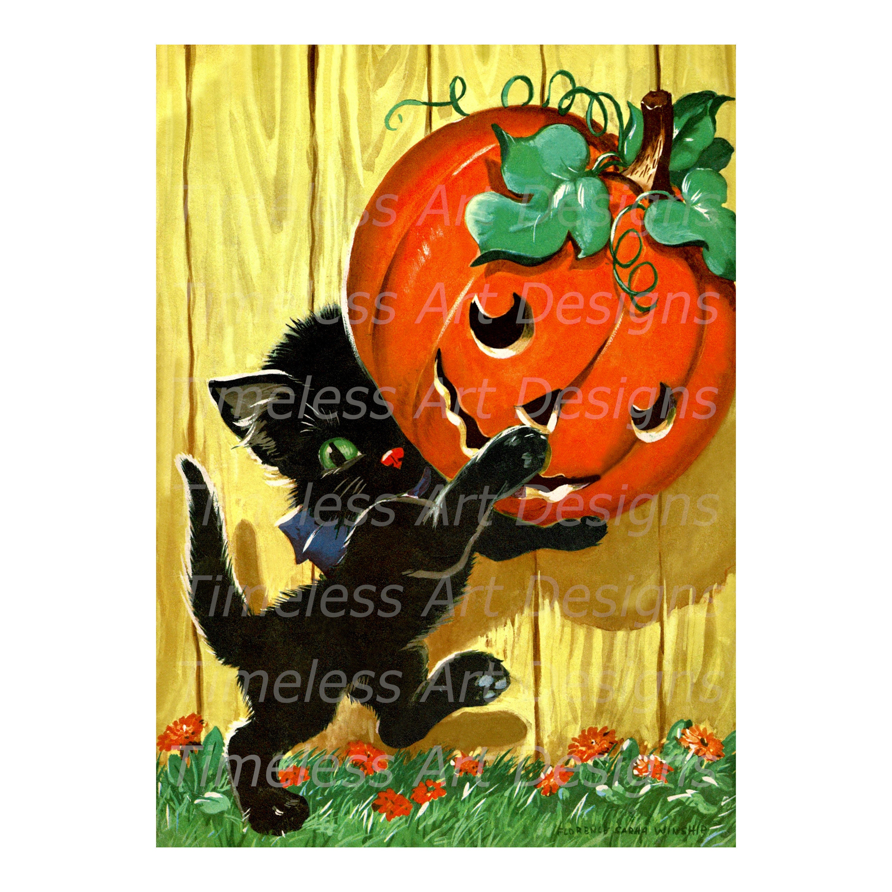 Digital Download Image, Cute Black Kitty Cat With Large Jack O Lantern ...