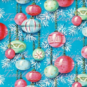 Vintage Retro Christmas Shiny Brites Ornaments Printable Instant Digital Download, Beautiful Retro Ornaments Gift Wrap Paper Image!