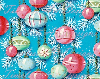 ¡Adornos navideños vintage retro brillantes y brillantes, descarga digital instantánea imprimible, hermosa imagen de papel para envolver regalos con adornos retro!