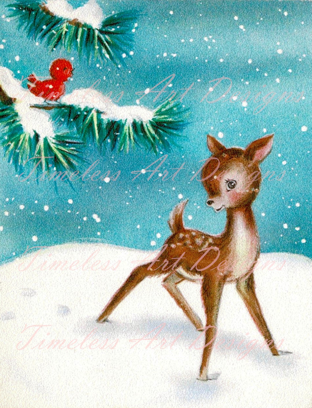Digital Download Image, Little Deer, Fawn With Red Cardinal Bird in the ...