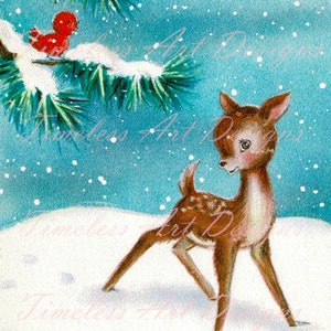 Digitale downloadafbeelding, hert, reekalf met rode kardinaal vogel in de sneeuw Vintage retro kerstkaart! Rendieren afdrukbaar.