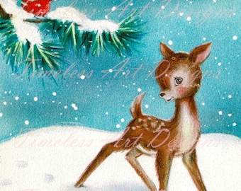 Digital Download Image, Little Deer, Fawn With Red Cardinal Bird In The Snow Vintage Retro Christmas Card! Reindeer Printable.