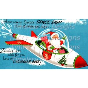 Imagem de download digital, Papai Noel alegre chegando em sua nave espacial, nave espacial, imagem de cartão de Natal retrô vintage! Papai Noel para impressão.