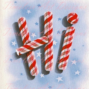 Imagem de download digital, fonte de bastões de doces patrióticos de Natal, gráficos, letras. Palavra "OI". Imagem de cartão de Natal vintage. Doces para imprimir!
