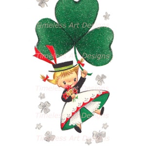 ¡Descarga digital, clipart imprimible del día de San Patricio retro, linda chica con gráfico de tarjeta de felicitación vintage de trébol!