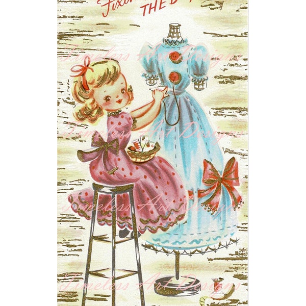 Digital Download Darling Little Miss Dressmaker Printable Vintage Sewing Card Image 1 jpg & 1 png