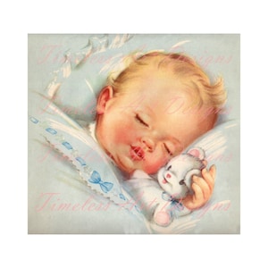 Immagine scaricabile in digitale, adorabile neonato che dorme con l'orsacchiotto, stampabile per neonato, grafica vintage per neonati!