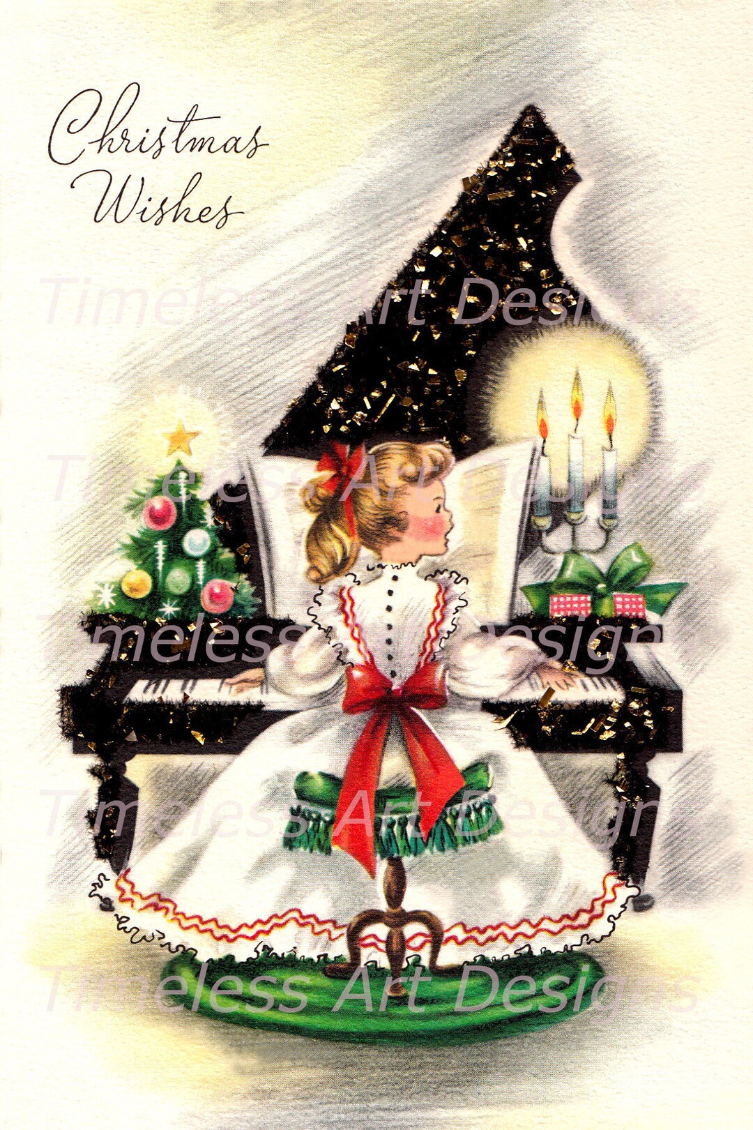 *アンティークポストカード　クリスマスにピアノを演奏する美しい少女とママ2 Digital Download Image, Pretty Young Girl Playing the Piano
