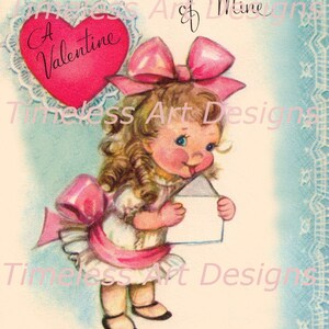 Immagine con download digitale immediato, adorabile bambina con grande fiocco rosa che lecca una busta, biglietto di San Valentino vintage stampabile!