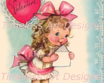 Instant Digital Download Image, Adorable Little Girl With Big Pink Bow Licking An Envelope, Vintage Valentine Card Printable!
