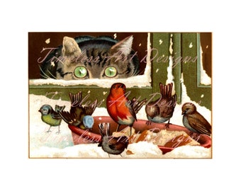 Vintage Tabby Cat Christmas Card Image, Green Eyes, Snowy Window (Digital Download)
