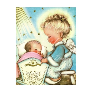 Descarga digital de imagen de un angelito querido con el niño Jesús en una cuna. Tarjeta navideña vintage. ¡Ángel navideño imprimible!