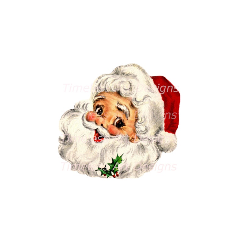 May include: A vintage illustration of Santa Claus's face with a white beard and a red hat. He is smiling and has a sprig of holly in his beard.