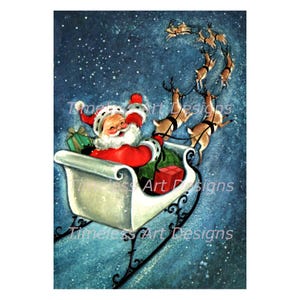May include: Santa Claus in a red suit and white beard is riding in a white sleigh pulled by reindeer. The sleigh is flying through a blue sky with white snowflakes.