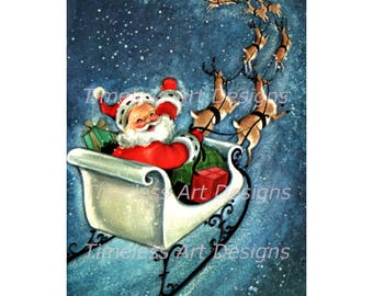 Descarga digital del divertido y antiguo Papá Noel retro imprimible montando su trineo de renos esta noche. ¡Gráfico de tarjeta navideña vintage!