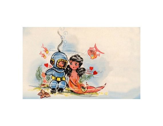 Dreamy Mermaid Valentine Card, Deep Sea Diver Illustration (Digital Download)