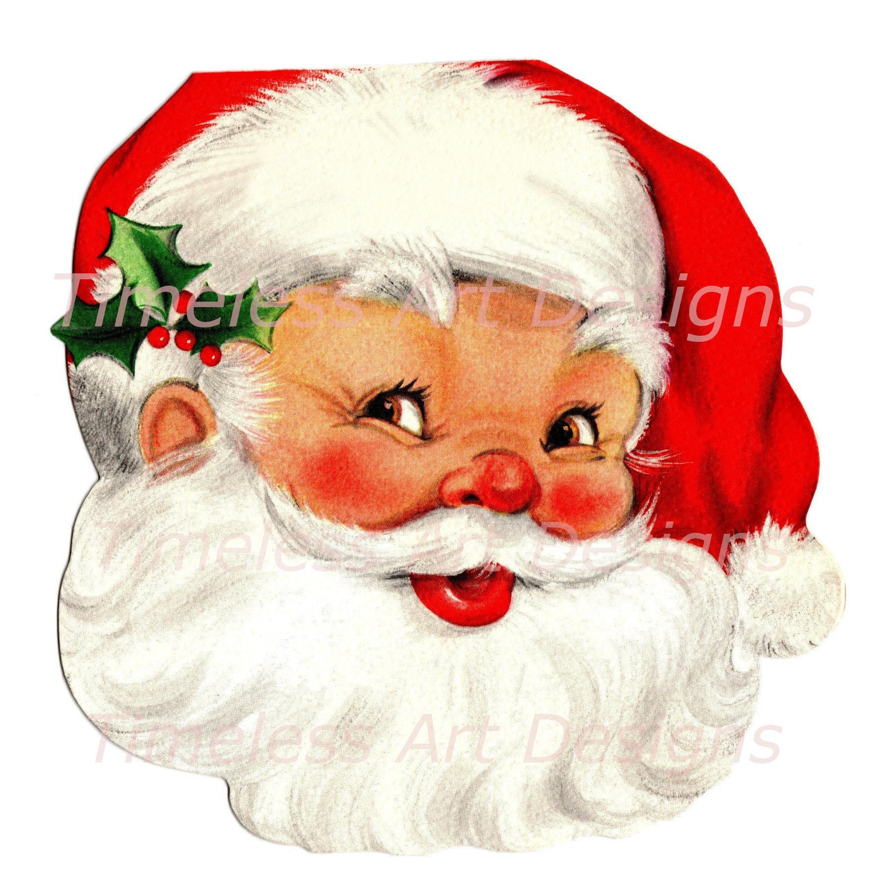 Digital Download Image Santa Claus Face Red Santa Hat Holly Berry Vintage Christmas Card. Santa Printable. 2 jpgs