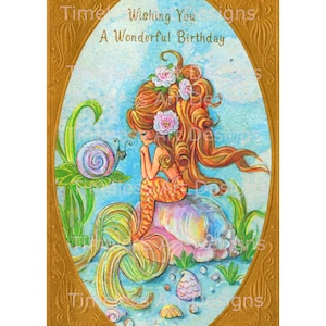 Immagine con download digitale immediato, adorabile sirena mod con lumaca di mare, biglietto di auguri d'epoca, sirena d'epoca stampabile!