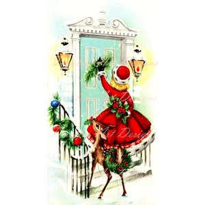 Vintage Christmas Lady Printable Digital Download Image, Pretty Lady In Red With Fawn/Deer Visiting For Christmas, Vintage Christmas Card!