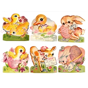 ¡Imágenes prediseñadas de tarjetas de Pascua vintage imprimibles con animales de primavera y Pascua retro lindos de descarga digital instantánea!