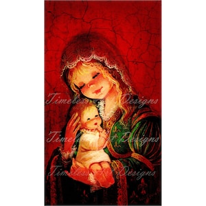 Immagine digitale scaricabile, bellissima Madonna con bambino, Gesù bambino, Beata Vergine Maria, cartolina di Natale vintage. Immagine sacra. Stampabile religiosa