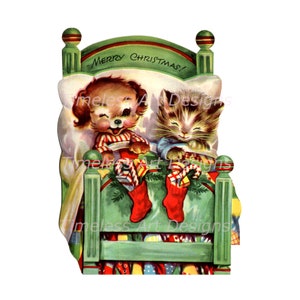 May include: A vintage Christmas card illustration of a dog and cat in a green bed with red stockings filled with gifts. The text "Merry Christmas!" is written on the headboard.