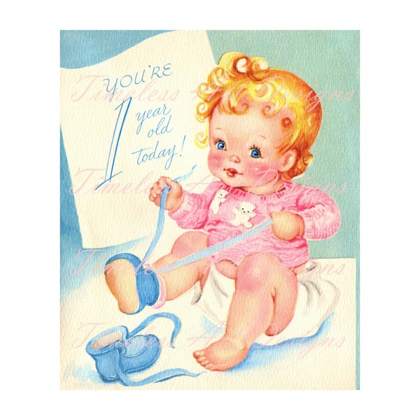 Digital Download Image, Darling Baby Tying Shoe laces, Baby's First Birthday, Vintage Greeting Card Image, Vintage Baby Printable!
