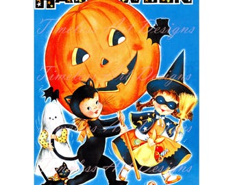 Digital Download Image, "TRICK OR TREAT" Adorable Vintage Halloween Children Illustration. Witch, Pumpkin, Cat, Ghost, Halloween Printable.